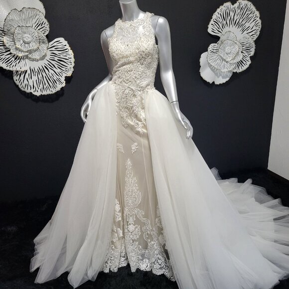 NWT~$2100~LO'ADORO~2/4~IVORY OFF WHITE RHINESTONE DETACHABLE TRAIN WEDDING DRESS - Picture 6 of 16